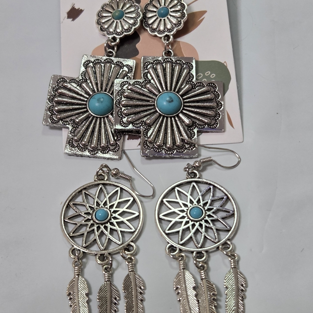 Silvertone and Faux Turquoise Dangle Earrings